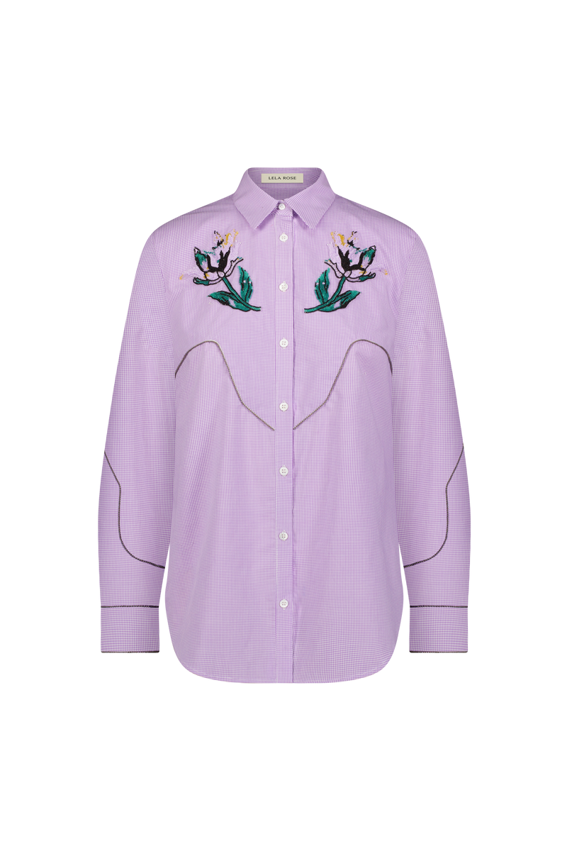 Floral Bead Embroidered Mini Check Cotton Shirt