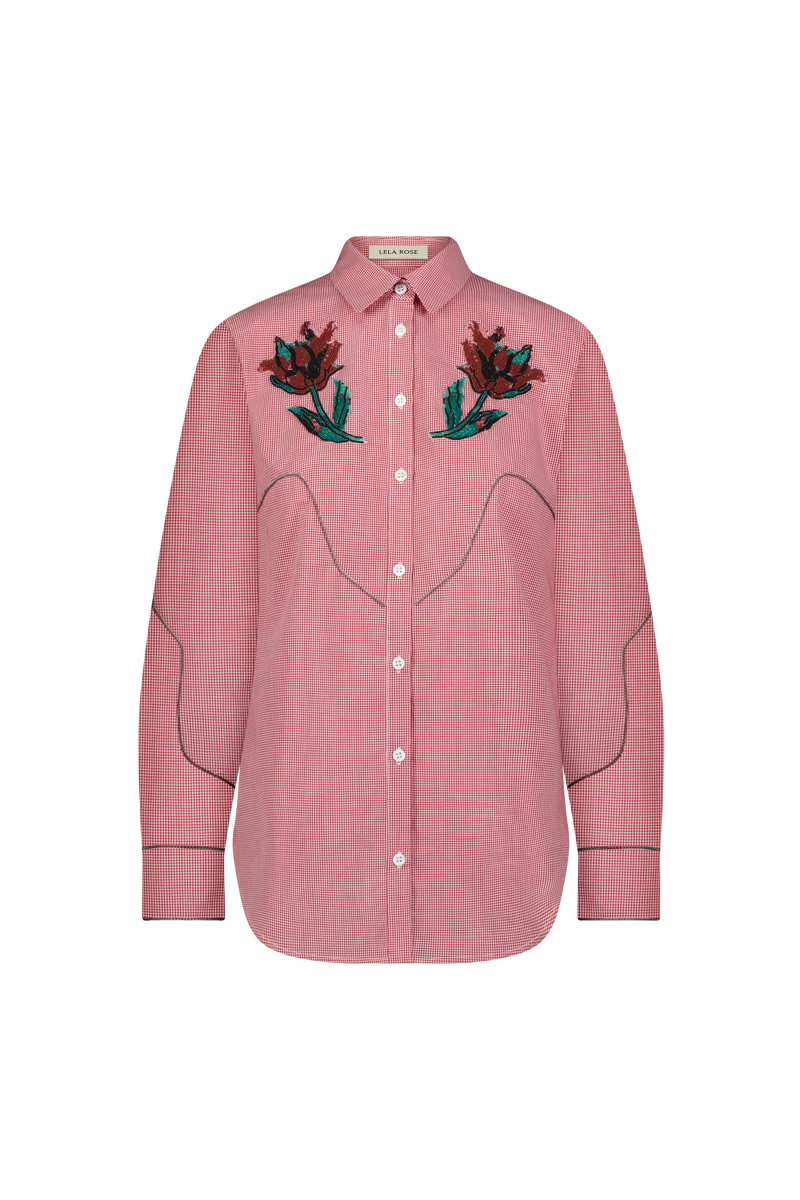 Floral Bead Embroidered Mini Check Cotton Shirt