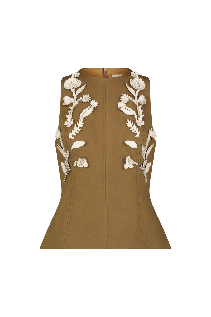 Leather Floral Embroidered Rustic Stretch Cotton Top