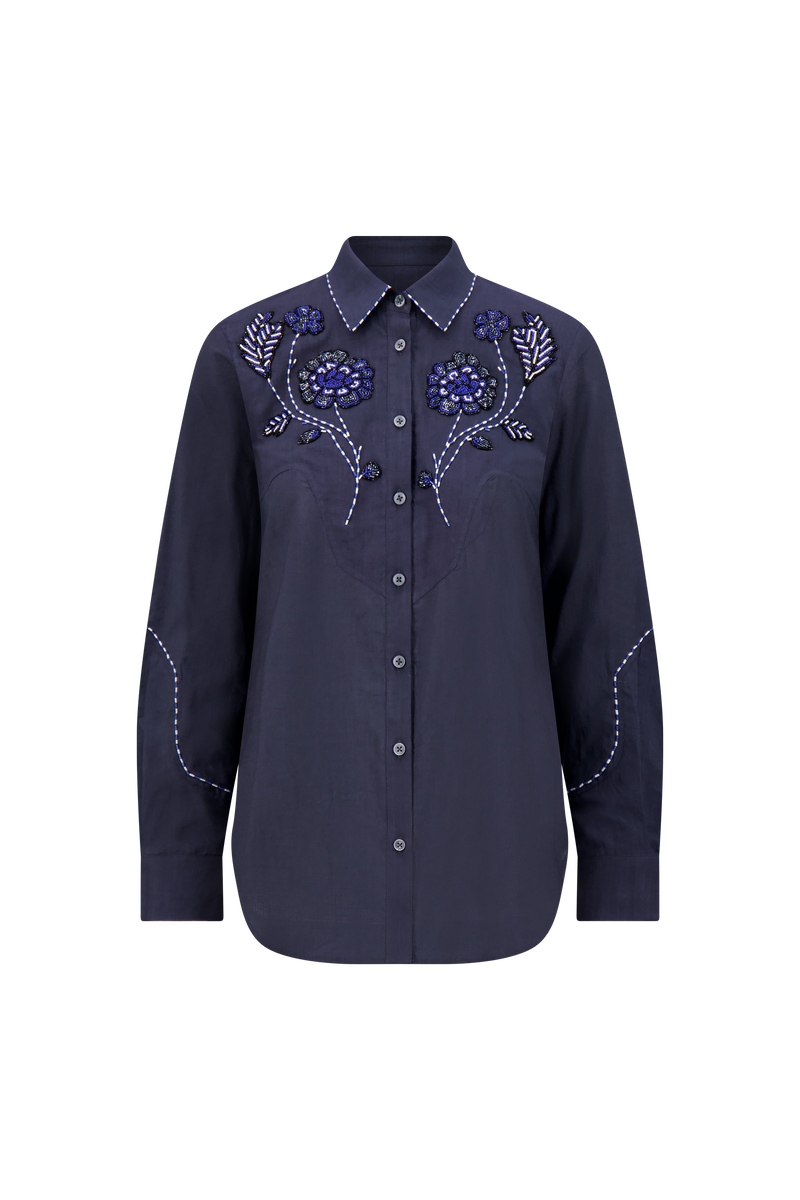 Floral Bugle Embroidered Cotton Poplin Shirt