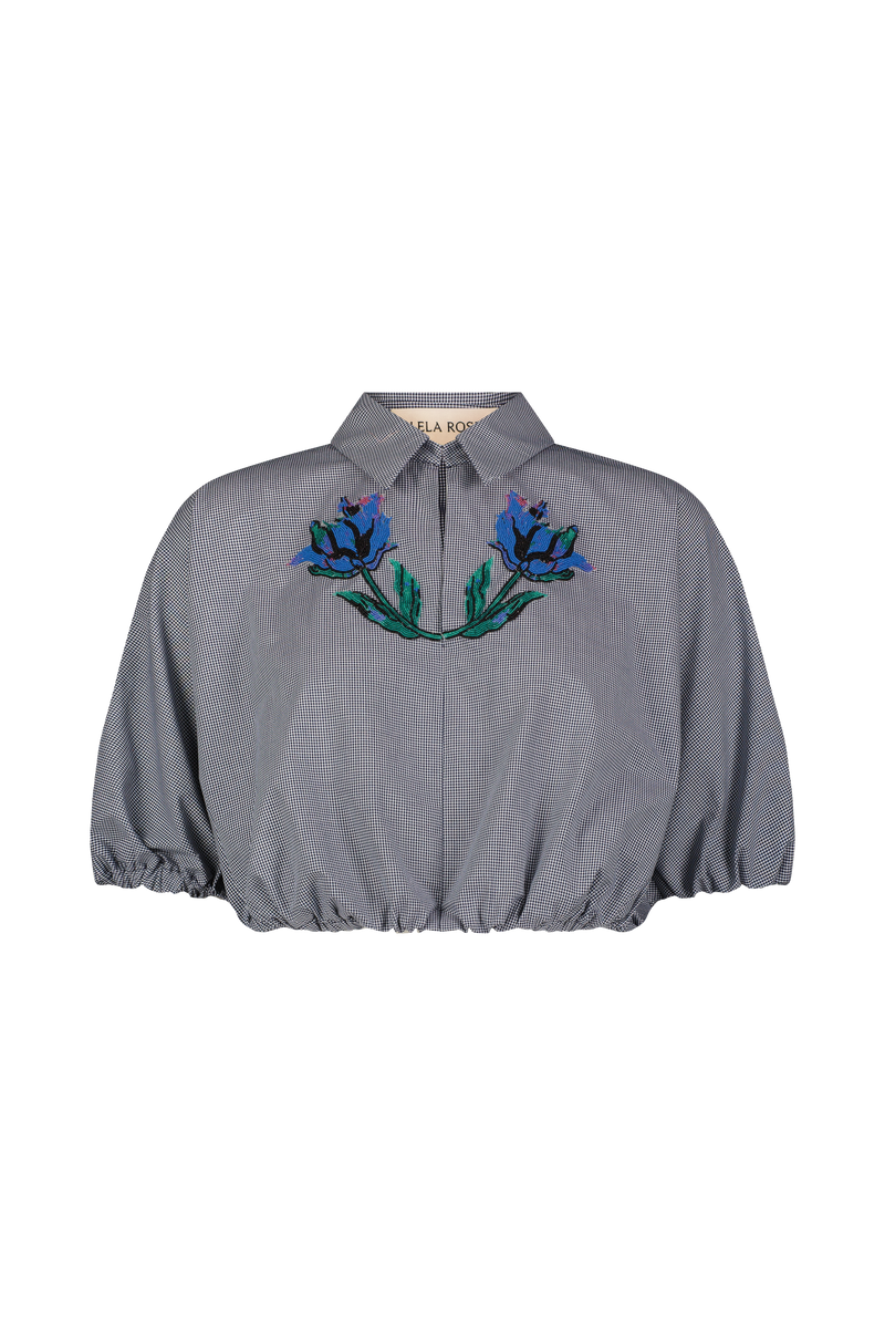 Floral Bead Embroidered Mini Check Cotton Top