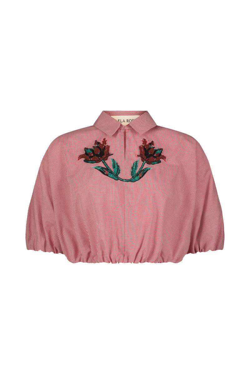 Floral Bead Embroidered Mini Check Cotton Top