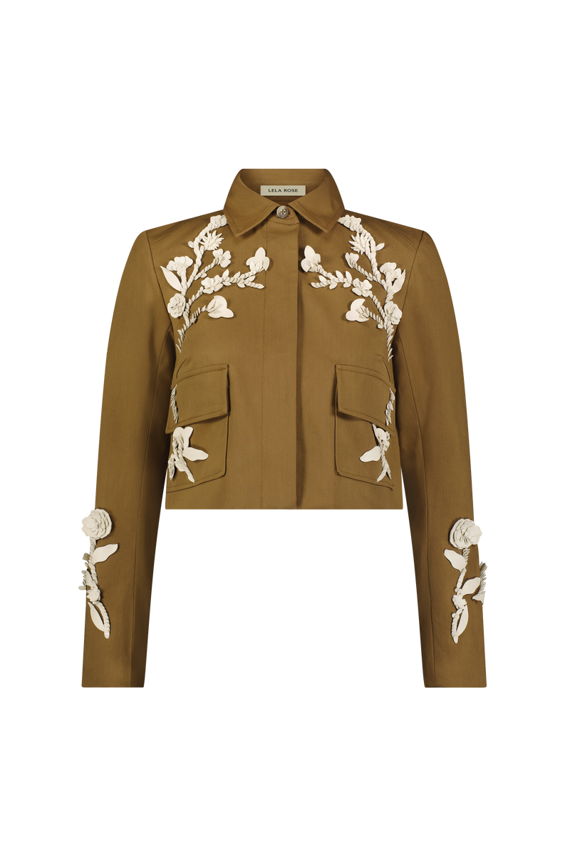 Leather Floral Embroidered Rustic Stretch Cotton Jacket