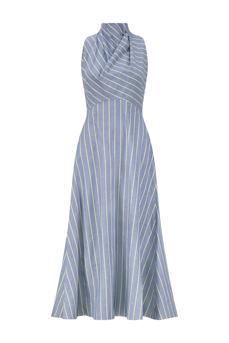 Striped Heathered Cotton Draped Halter Dress
