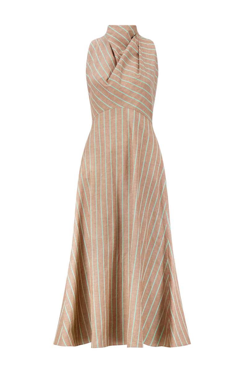 Striped Heathered Cotton Draped Halter Dress