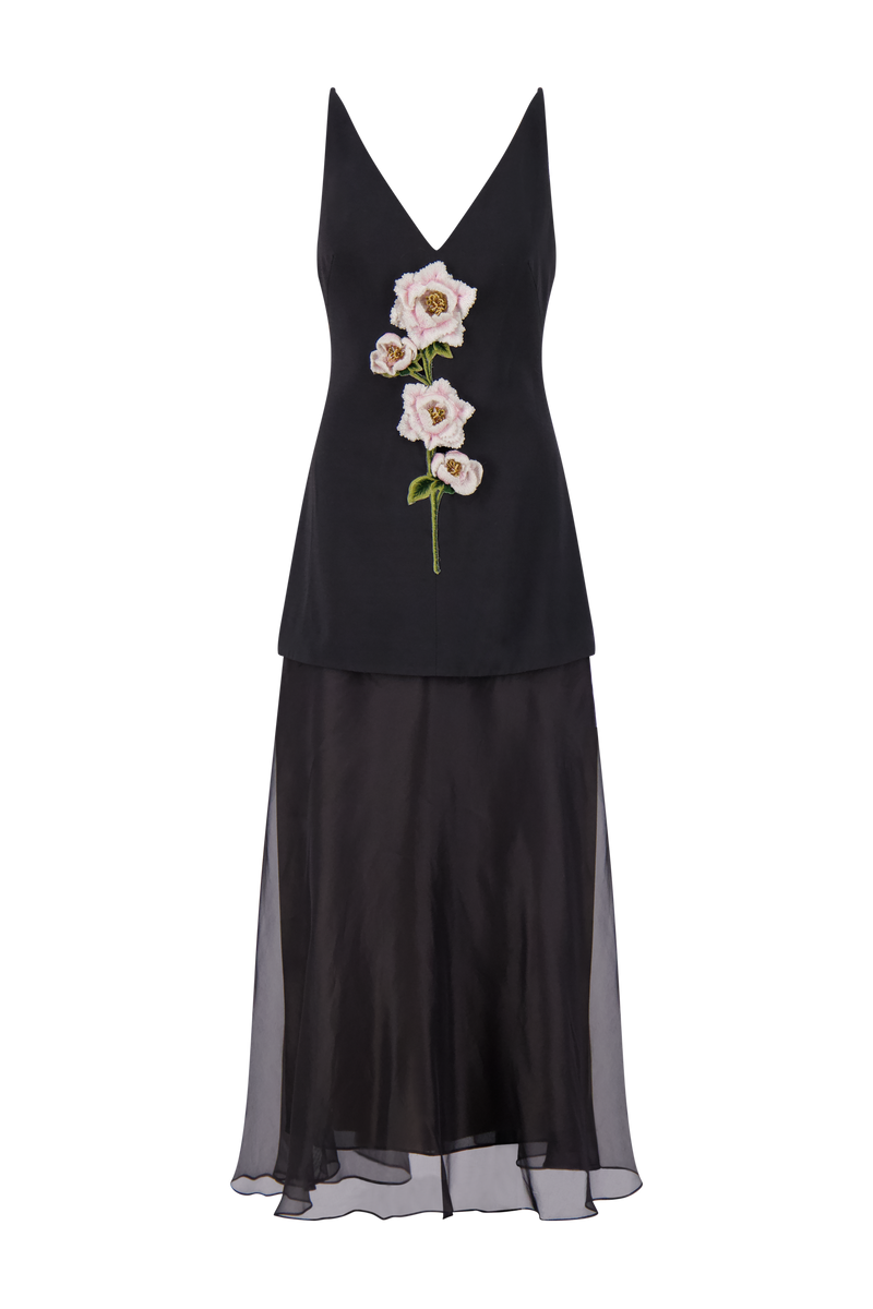 3D Peony Embroidered Faille V-Neck Dress