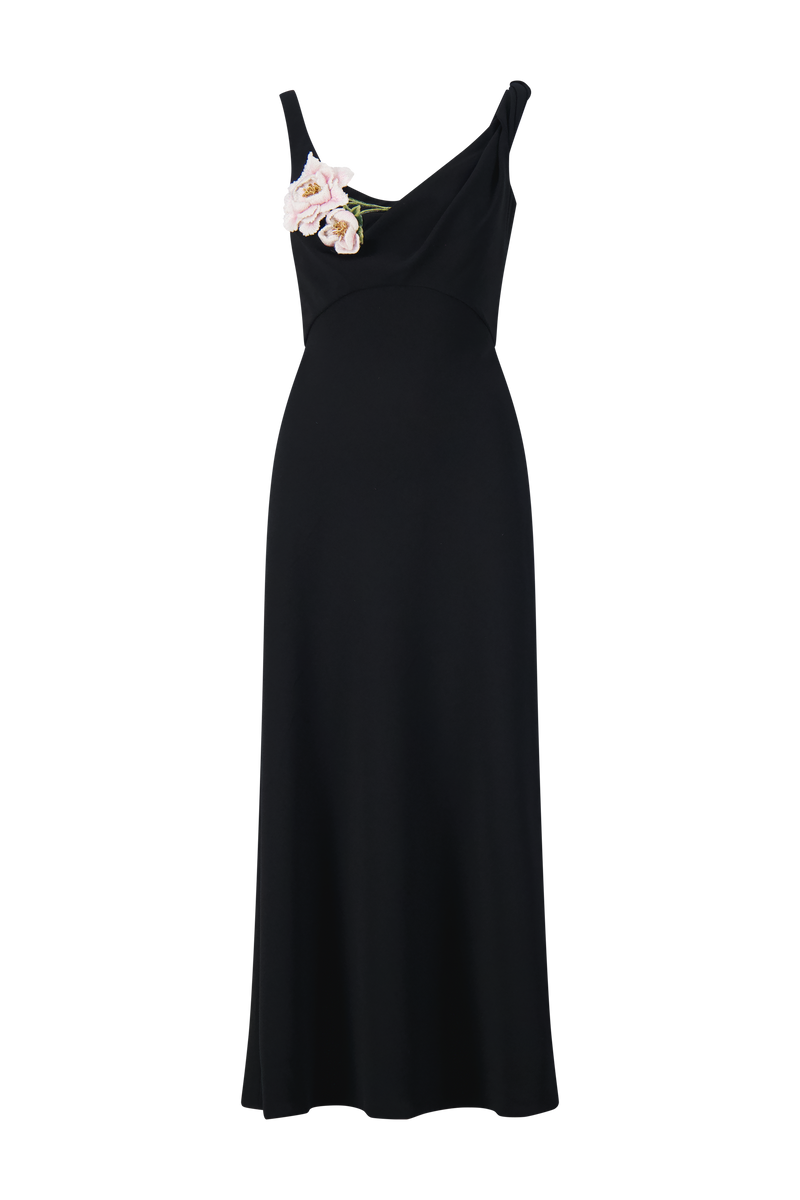 3D Peony Embroidered Fluid Crepe Twist Detail Dress