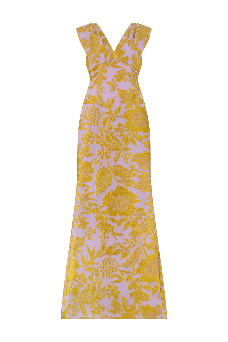 Floral Fil Coupe V-Neck Gown