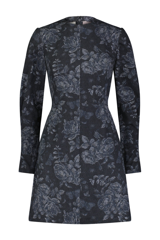 Floral Printed Denim Long Sleeve Seamed Dress