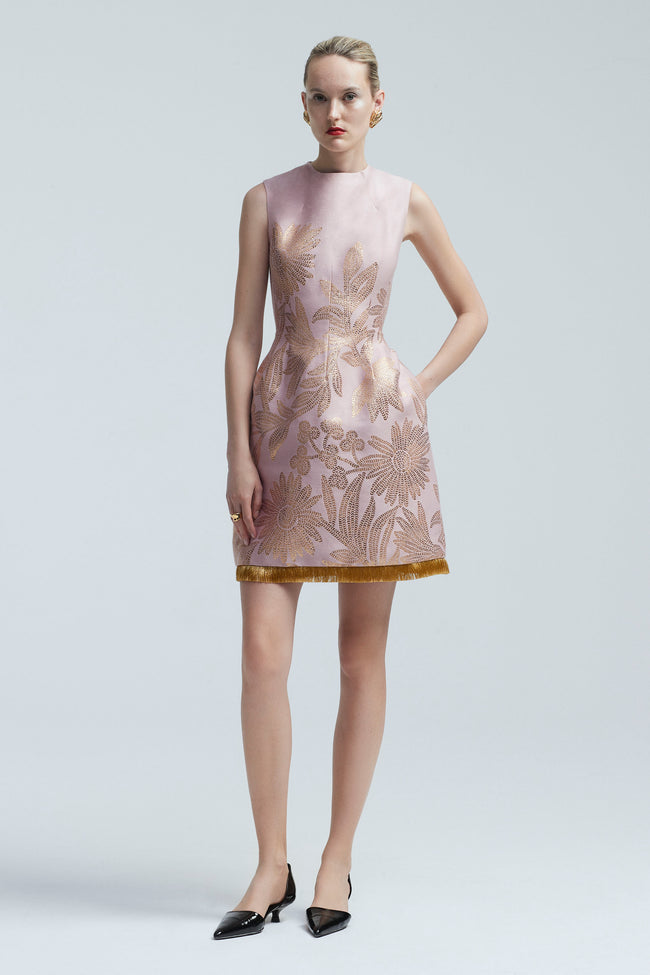 Floral Metallic Jacquard Sleeveless Fringe Detail Dress