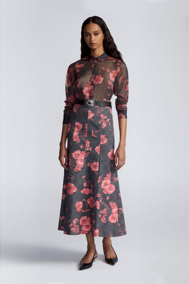 Floral Printed Glenn Plaid Twill High Waist Skirt