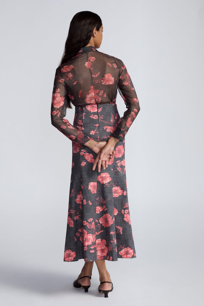 Floral Printed Glenn Plaid Twill High Waist Skirt