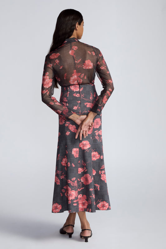 Floral Printed Glenn Plaid Twill High Waist Skirt