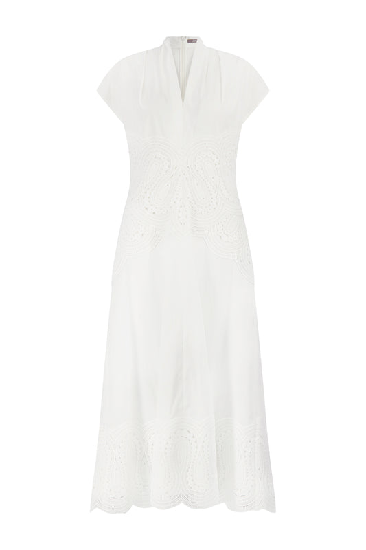 Lace Inset Cotton Poplin V-Neck Dress
