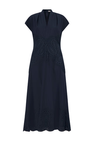 Lace Inset Cotton Poplin V-Neck Dress