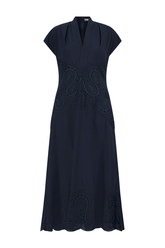 Lace Inset Cotton Poplin V-Neck Dress