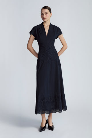 Lace Inset Cotton Poplin V-Neck Dress