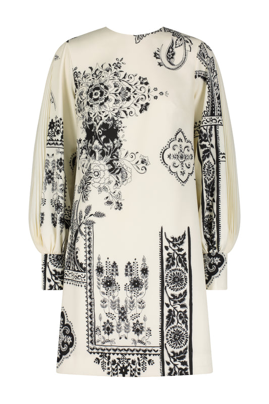 Printed Stretch Crepe Pleated Long Sleeve Tunic