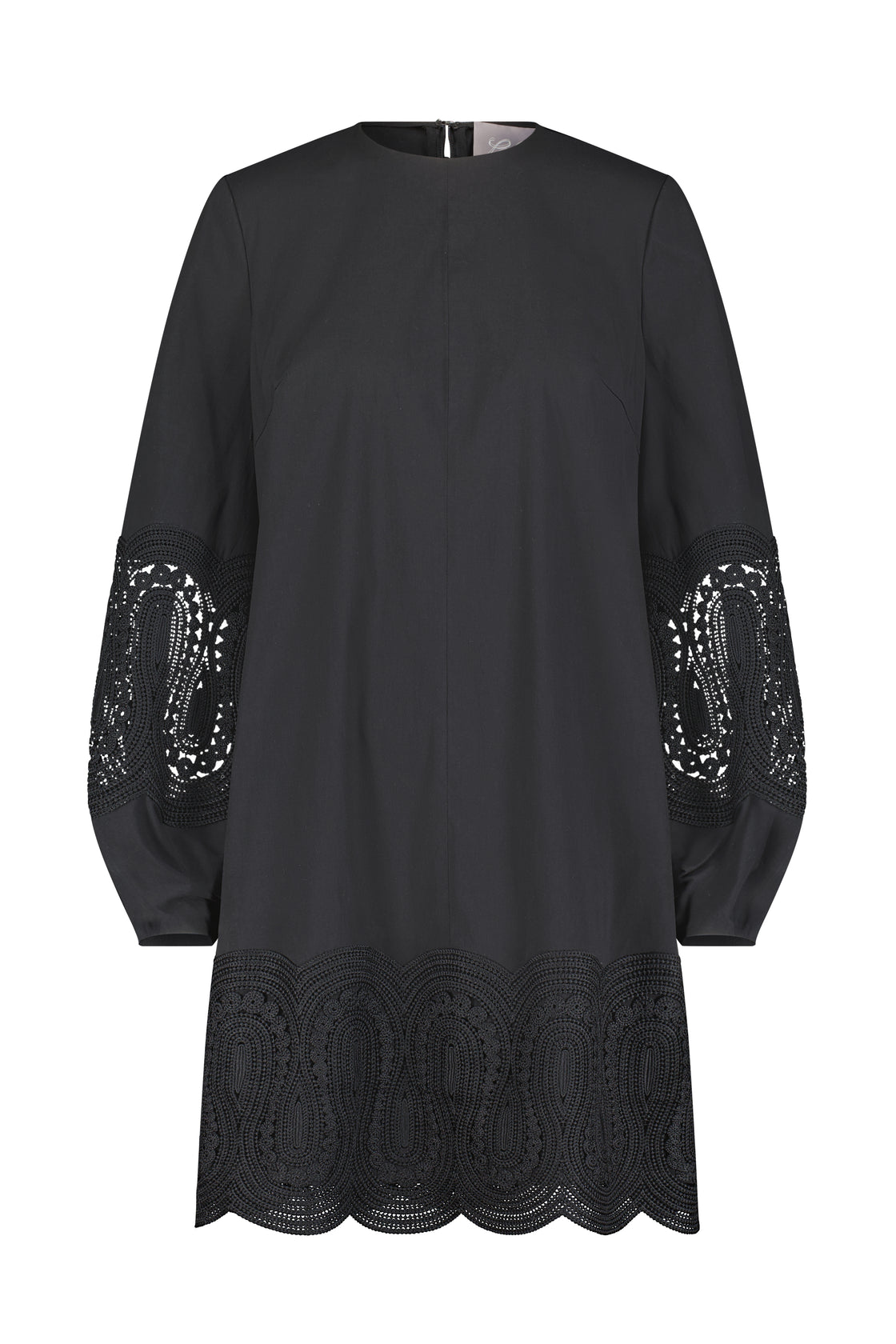 Lace Inset Cotton Poplin Long Sleeve Shift Dress