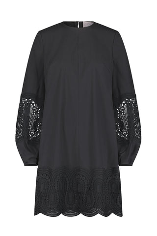 Lace Inset Cotton Poplin Long Sleeve Shift Dress