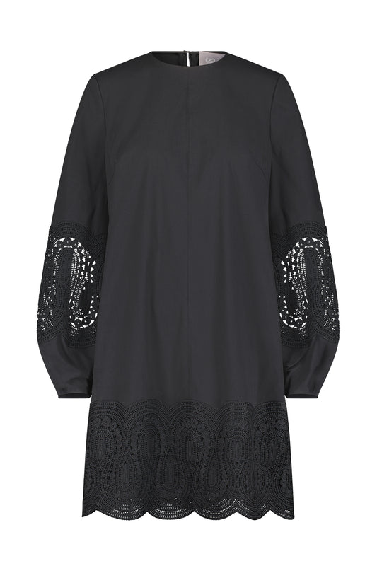 Lace Inset Cotton Poplin Long Sleeve Shift Dress