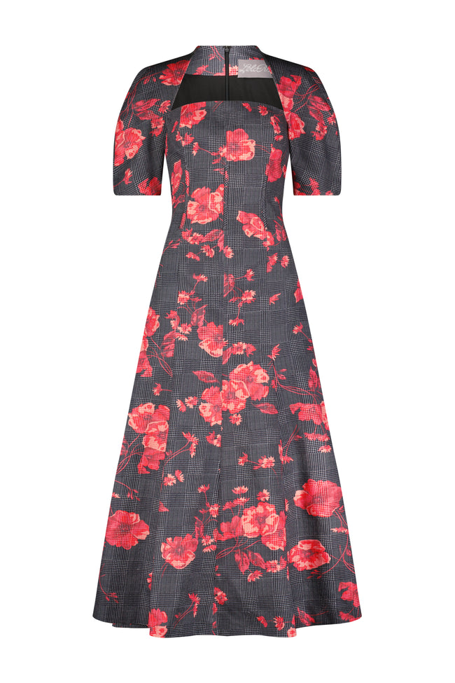 Floral Printed Glenn Plaid Twill Seamed Bubble Sleeve Dress