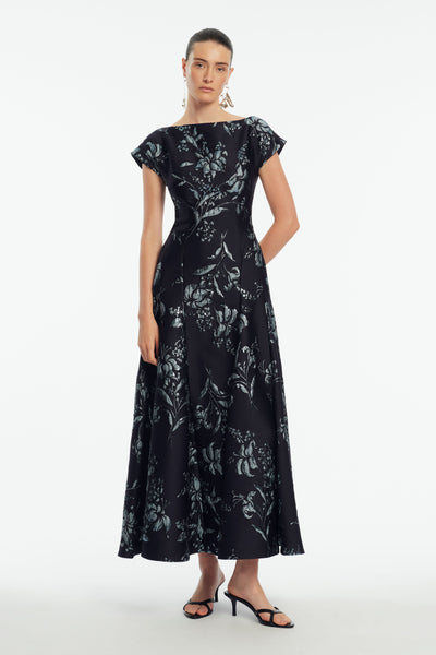 Metallic Floral Jacquard Seam Detail Dress