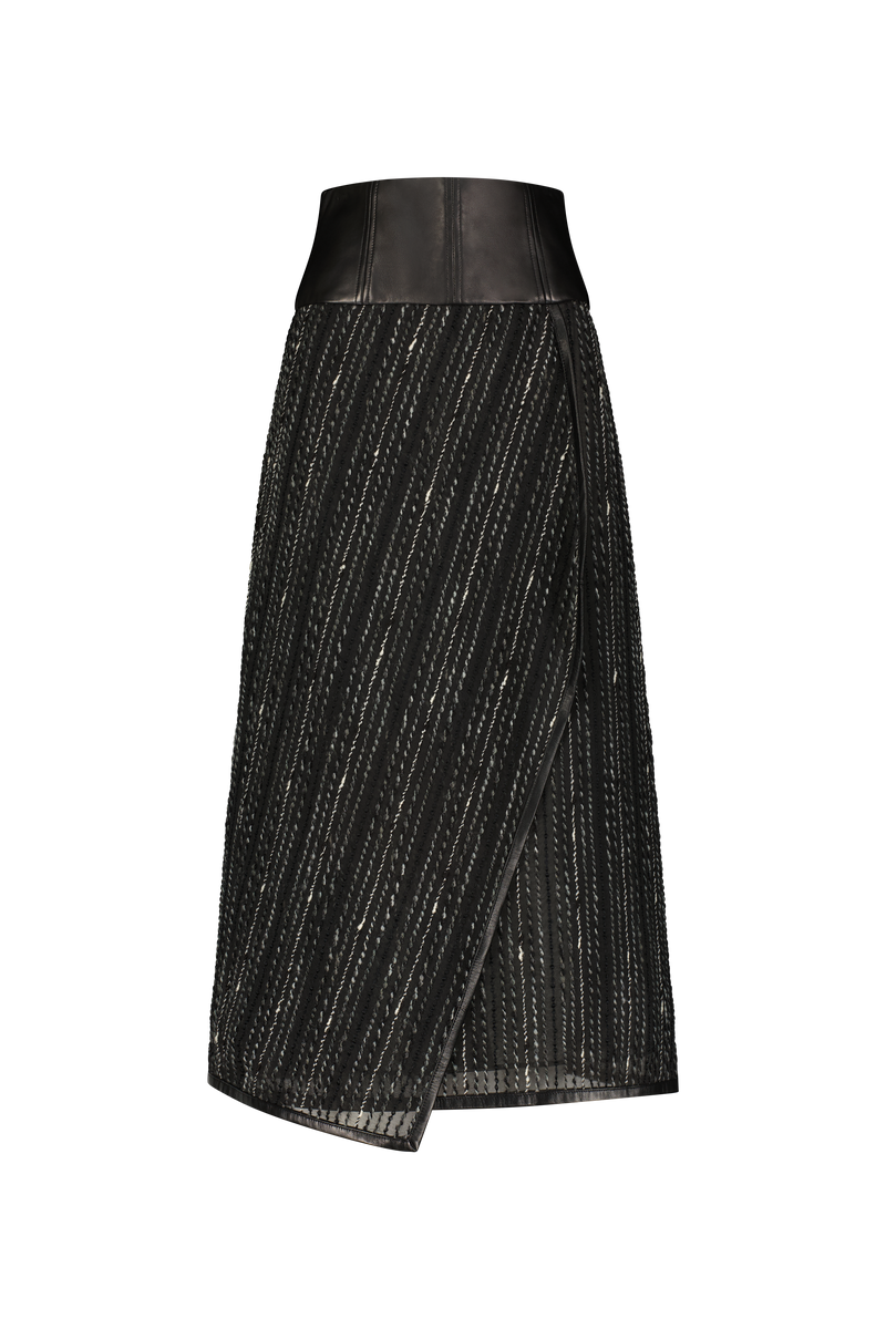 Yarn Striped Organza Leather Detail Skirt