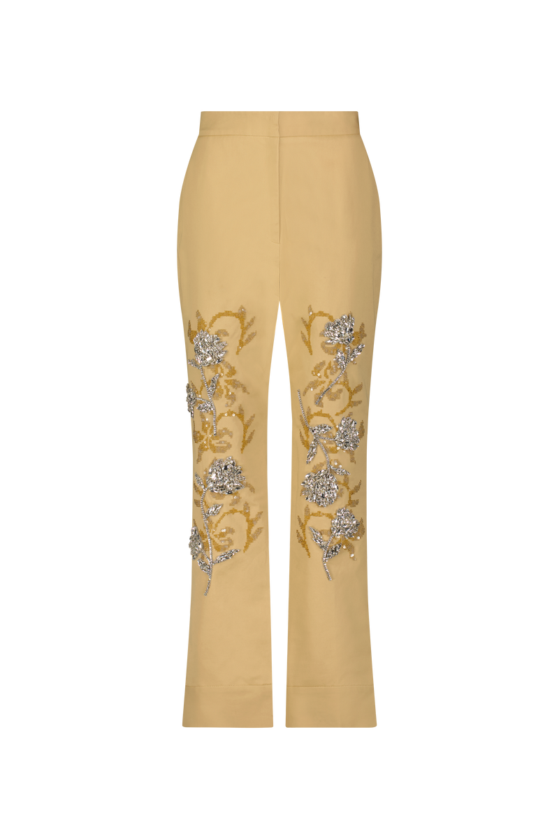 Floral Needlepoint Embroidered Cotton Twill Pant