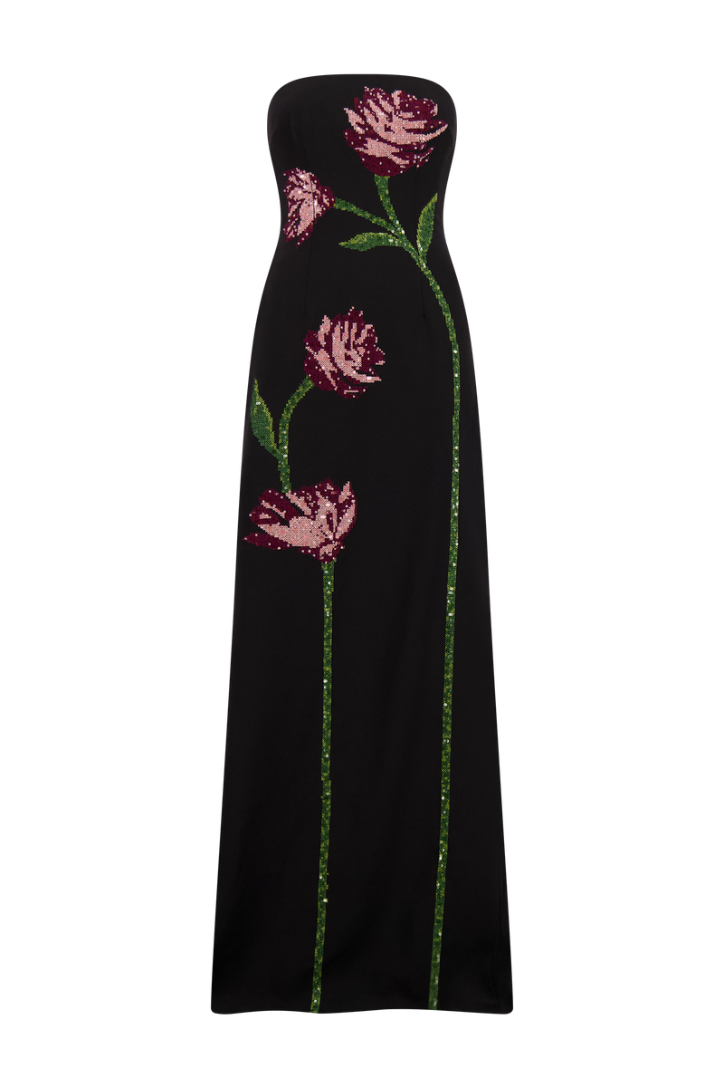 Floral Needlepoint Embroidered Fluid Crepe Ava Gown
