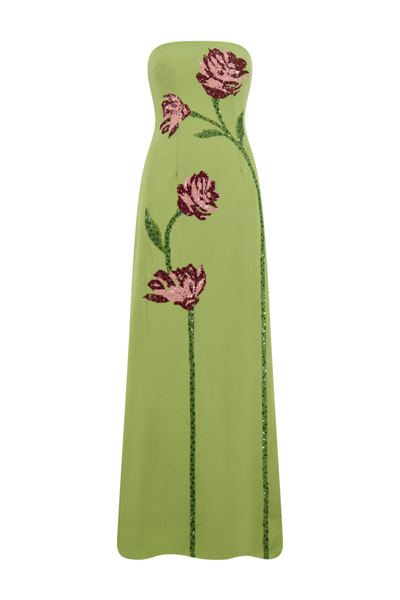 Floral Needlepoint Embroidered Fluid Crepe Ava Gown