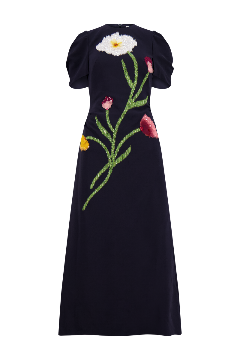 Ikat Floral Embroidered Fluid Crepe Draped Dress
