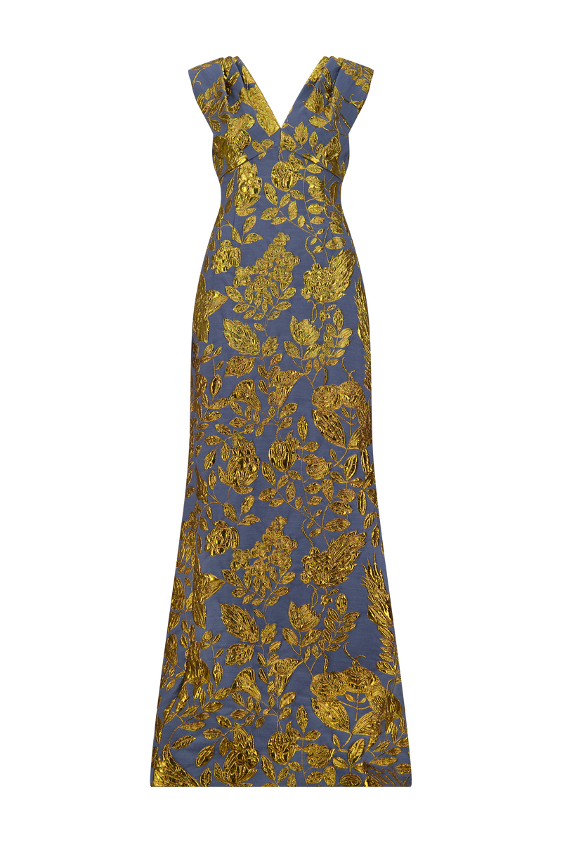 Floral Fil Coupe V-Neck Gown