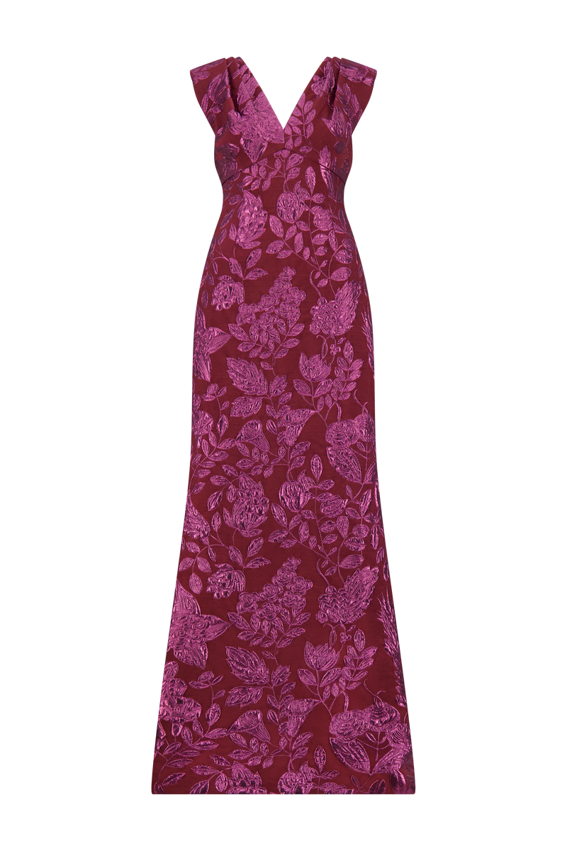 Floral Fil Coupe V-Neck Gown