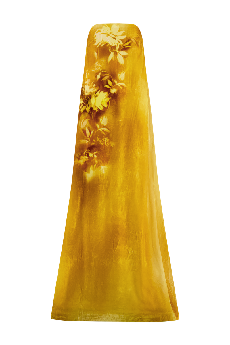 Floral Printed Velvet Strapless Gown