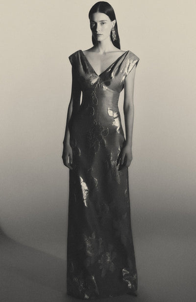 Floral Fil Coupe V Neck Gown