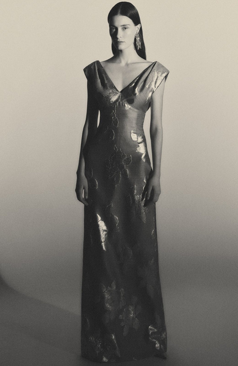 Floral Fil Coupe V Neck Gown