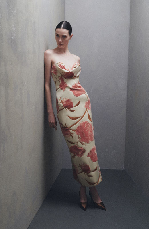 Floral Velvet Draped Bust Sheath