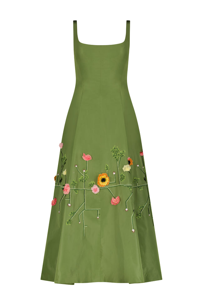 Raised Floral Embroidery Seam Detail Scoop Neck Midi Dress
