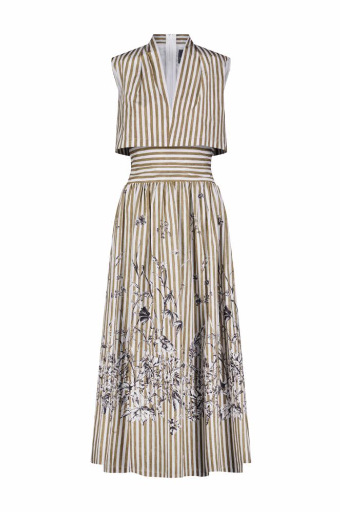Printed Floral Poplin Stripe Collared V-Neck Dress