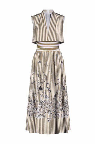 Printed Floral Poplin Stripe Collared V-Neck Dress