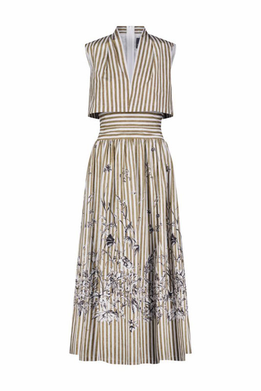 Printed Floral Poplin Stripe Collared V-Neck Dress