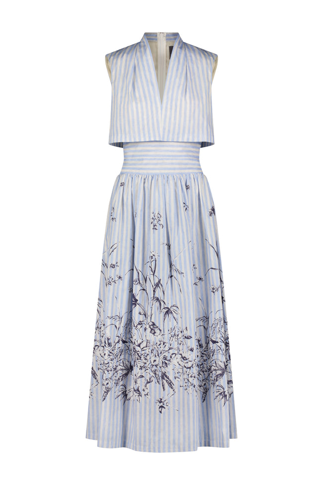 Printed Floral Poplin Stripe Collared V-Neck Dress