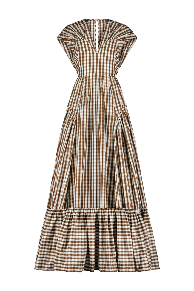 Plaid Taffeta Short Sleeve Seam Detail Gown