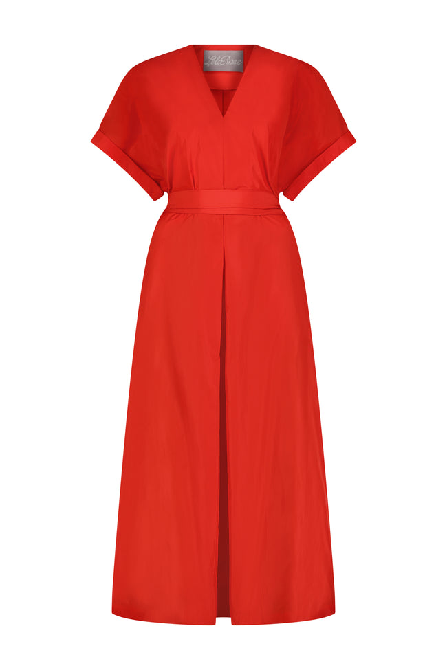Taffeta Short Sleeve V-Neck A-Line Dress