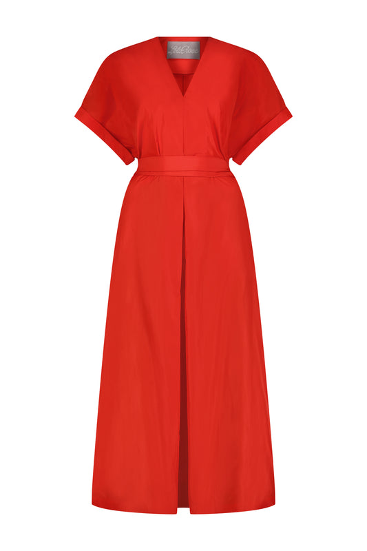 Taffeta Short Sleeve V-Neck A-Line Dress