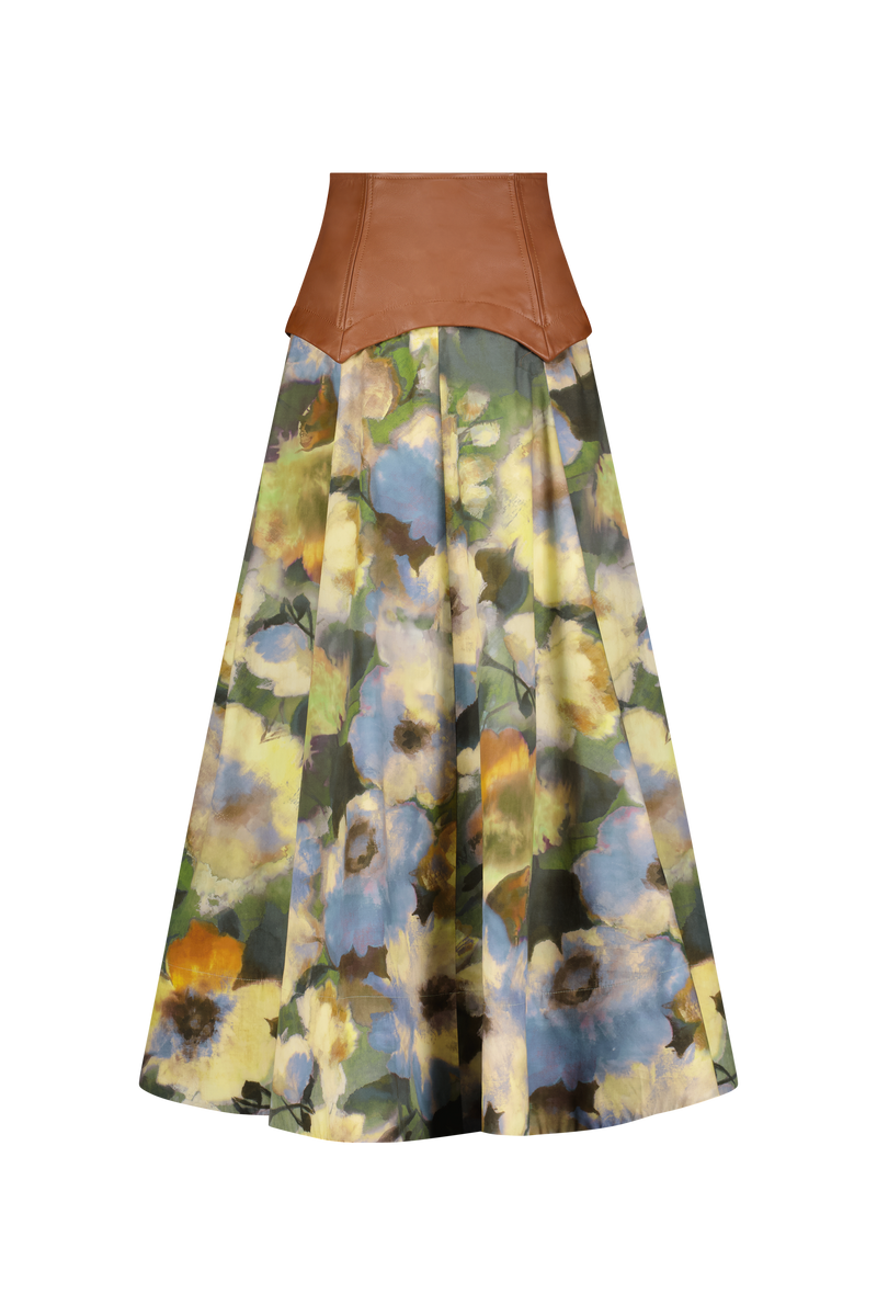 Floral Printed Cotton Leather Yoke Skirt