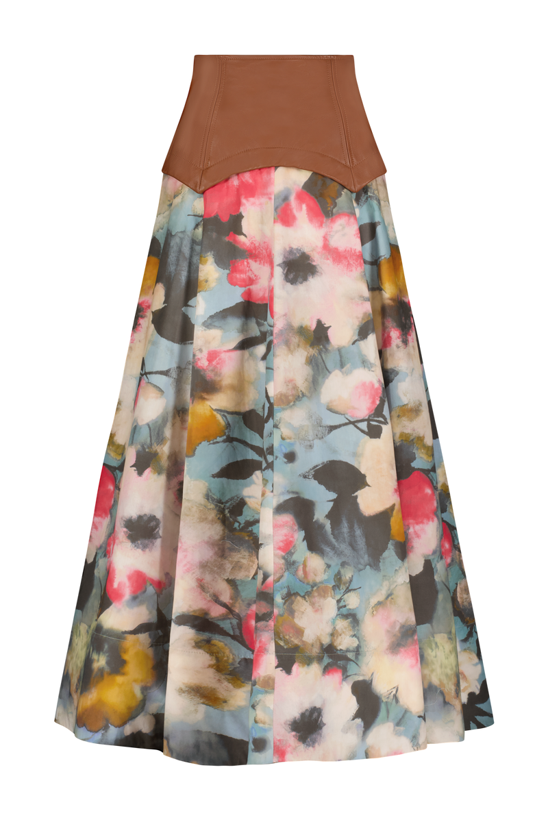 Floral Printed Cotton Leather Yoke Skirt