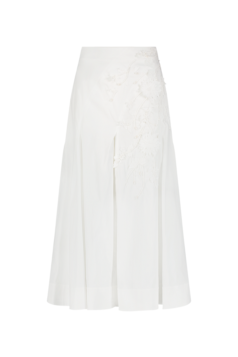 Porcelain Floral Embroidered Cotton Poplin Skirt
