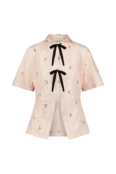 Embroidered Striped Cotton Bow Front Shirt